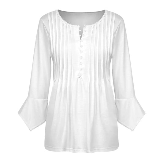 Women’s Pintuck Button Blouse with Flounce Sleeves - Nogicle