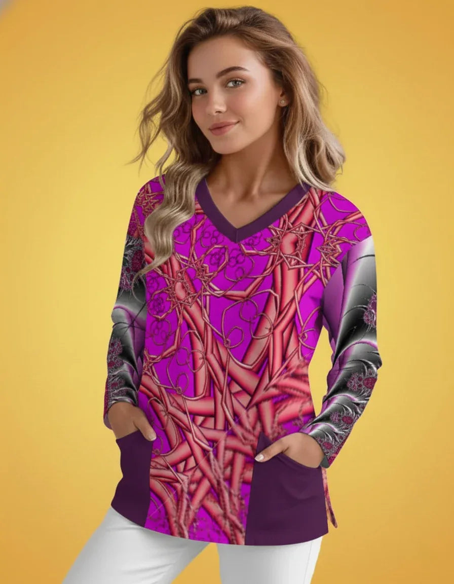 Women’s V-Neck Long Sleeve Scrub Top with Pockets - Nogicle