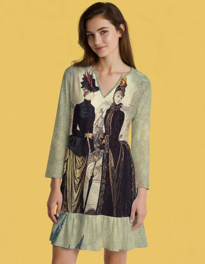 Women’s Long Sleeve V-Neck Ruffle Hem Dress - Nogicle