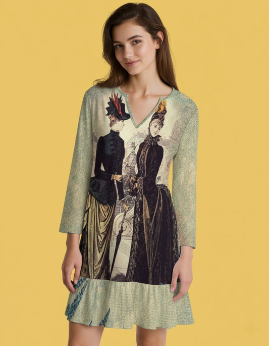 Women’s Long Sleeve V-Neck Ruffle Hem Dress