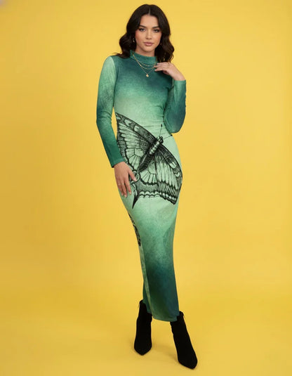 Women’s High Neck Long Sleeve Ruched Dress - Nogicle