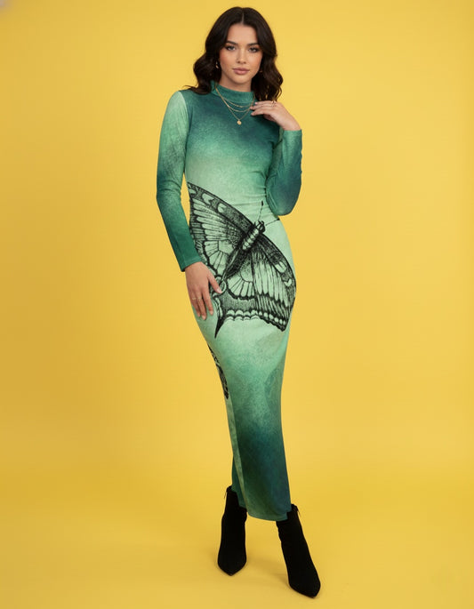 Women’s High Neck Long Sleeve Ruched Dress