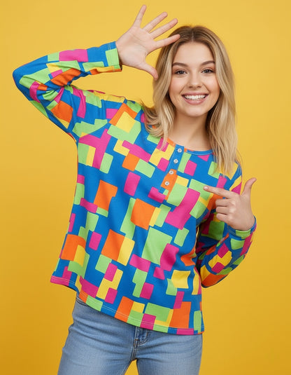 Women’s Button Front Round Neck Long Sleeve Top