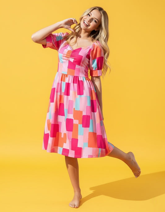 Women's Puff Sleeve Sweetheart Midi Dress