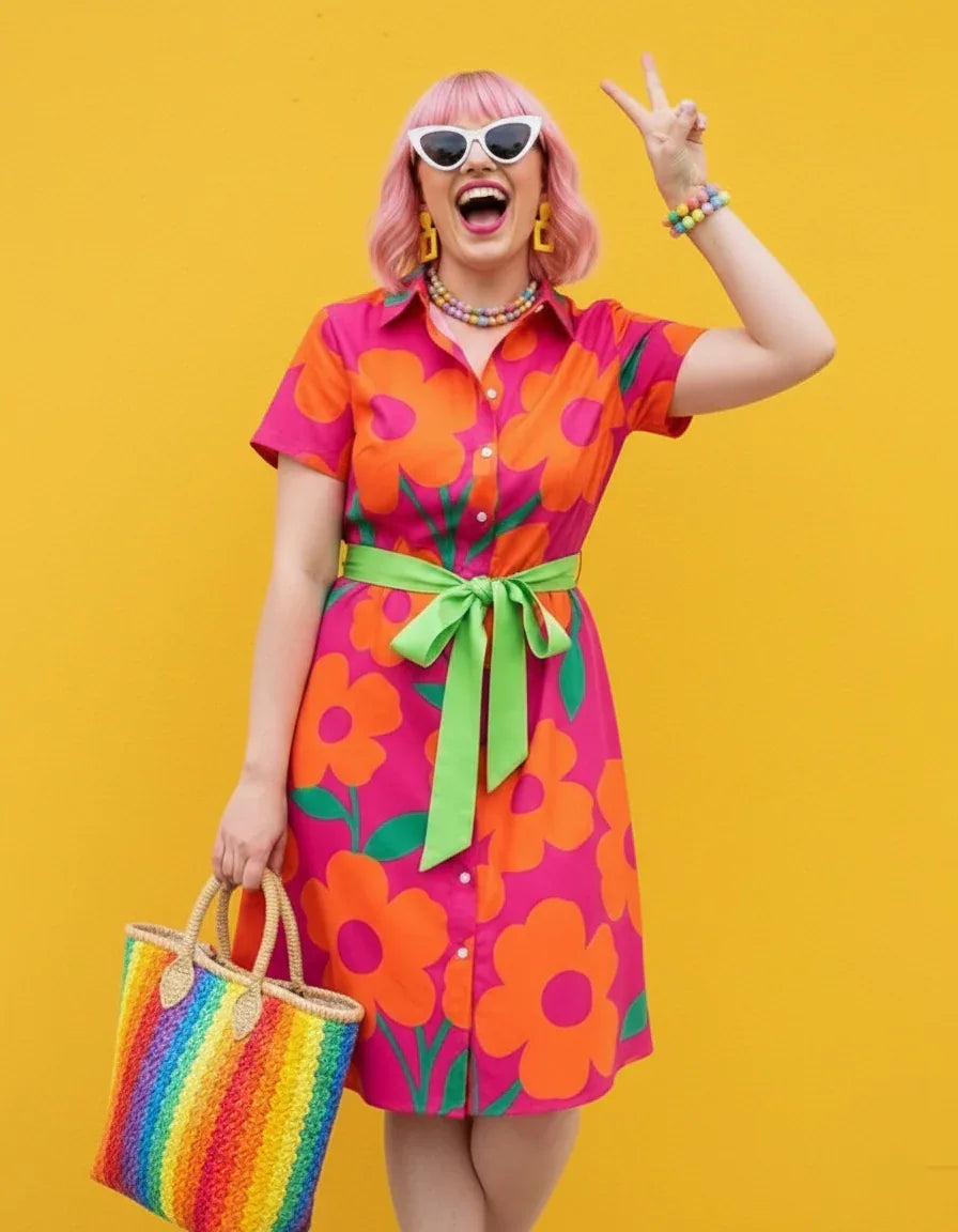 Women’s Short Sleeve Button-Down Shirt Dress with Belt - Nogicle