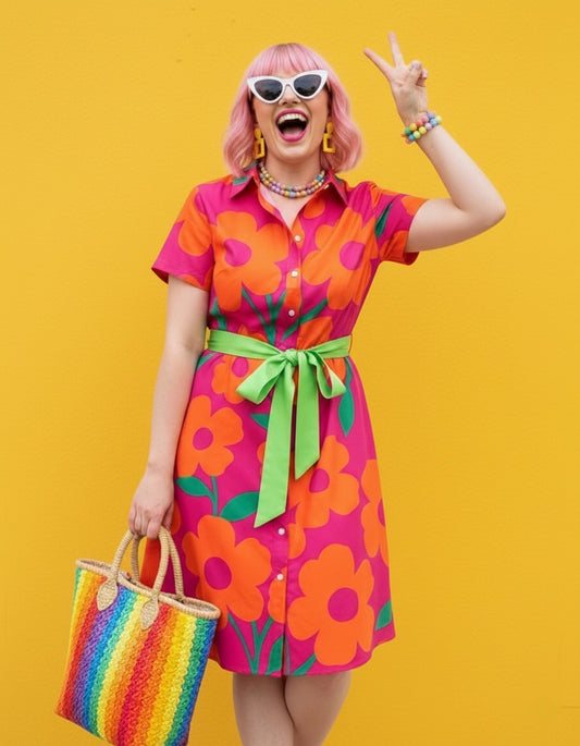 Women’s Short Sleeve Button-Down Shirt Dress with Belt