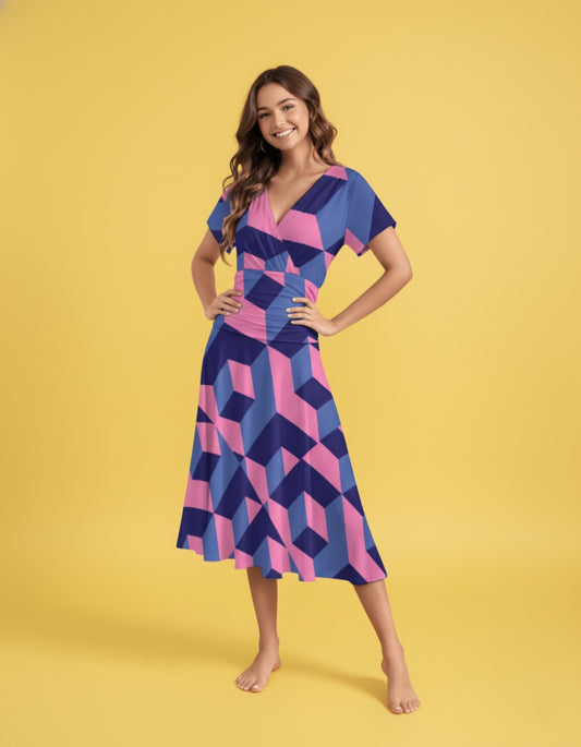 Women’s Short Sleeve Wrap V-Neck Midi Dress