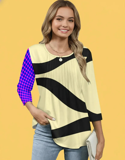 Women's Pleated Front 3/4 Sleeve Blouse - Nogicle