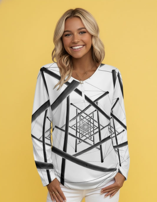 Women's Buttoned V-Neck Long Sleeve Tee