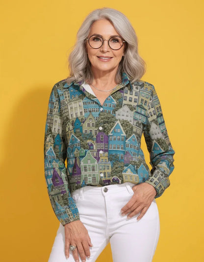 Women's Collared Button-Down Long Sleeve Blouse - Nogicle