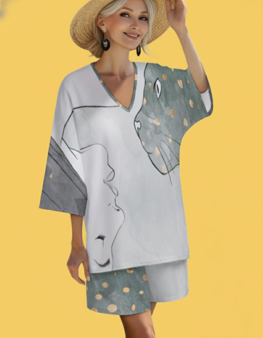 Women’s V-Neck Batwing Sleeve Top and Shorts Set