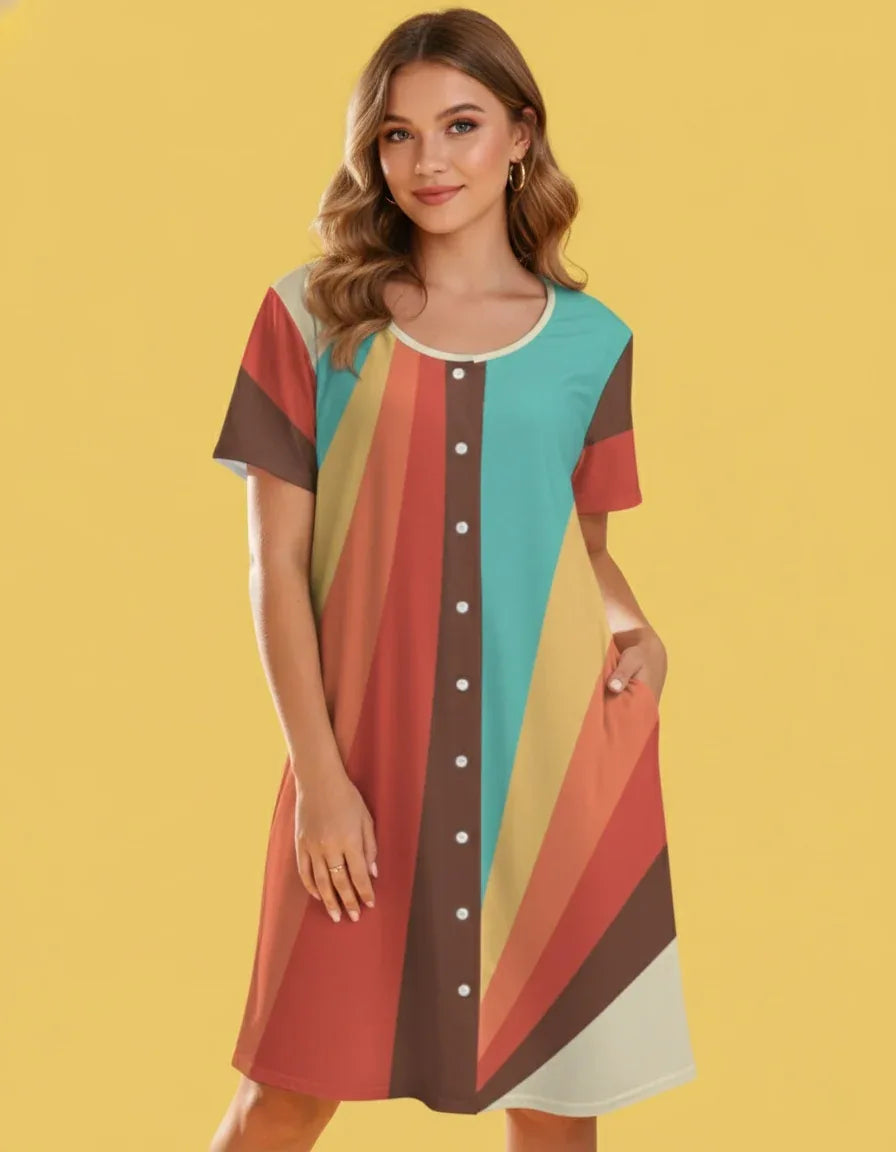 Women’s Button Front Short Sleeve Midi Dress - Nogicle