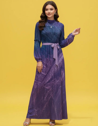 Women’s High Neck Long Sleeve Maxi Dress with Belt - Nogicle