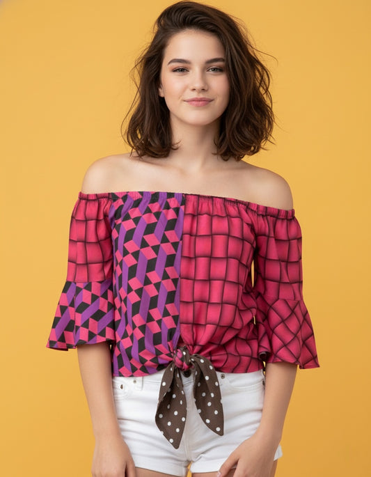 Women’s Off-Shoulder Tie Front Blouse with Flounce Sleeves