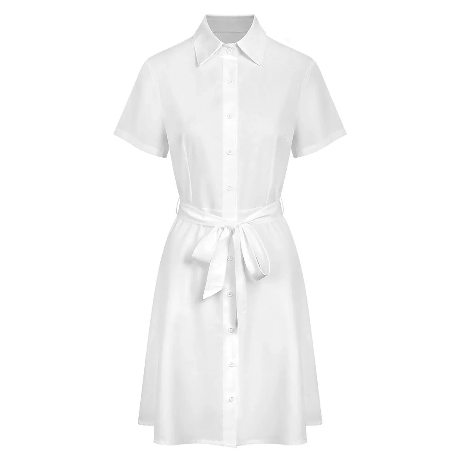 Women’s Short Sleeve Button-Down Shirt Dress with Belt - Nogicle